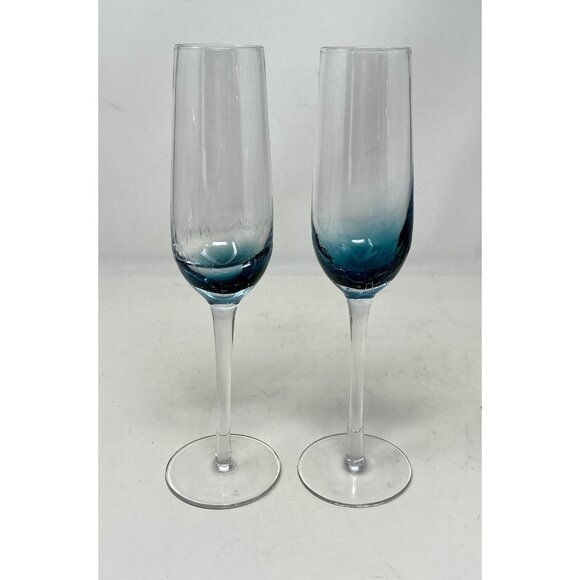 Set Of 2 Pier 1 One Crackle Glass Teal Blue Champagne Glasses Flutes 10" Tall - Picture 9 of 9